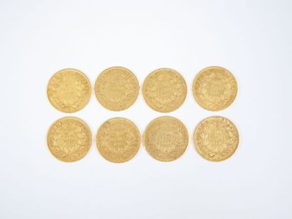 Ensemble de huit pièces de 20 francs en or,...