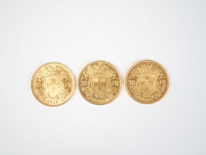Ensemble de trois pièces de 20 francs suisses...
