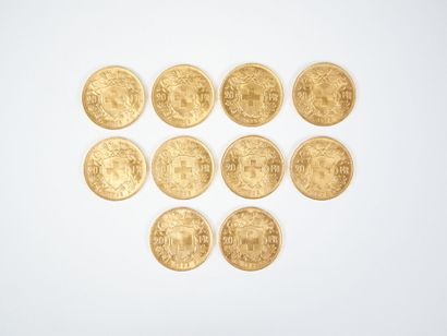 Ensemble de dix pièces de 20 francs suisses...