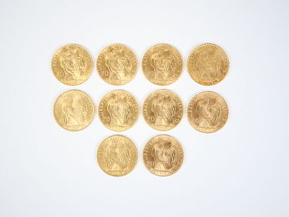 Ensemble de dix pièces de 20 francs en or,...