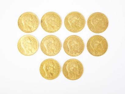Ensemble de dix pièces de 20 francs en or,...