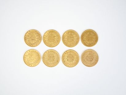Ensemble de huit pièces de 20 francs en or,...