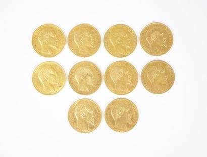 Ensemble de dix pièces de 20 francs en or,...