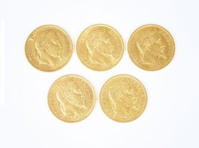 Ensemble de cinq pièces de 20 francs en or,...