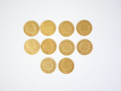 Ensemble de dix pièces de 20 francs en or,...