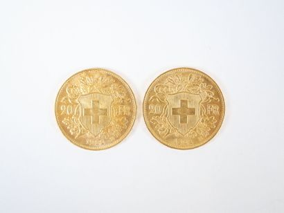 Deux pièces de 20 francs suisses en or, ...