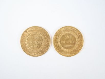 Deux pièces de 20 francs en or, Génie, 1877...