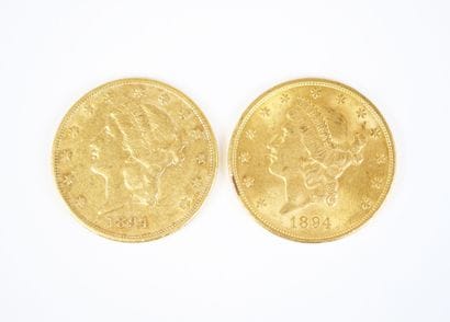 Deux pièces de 20 dollars US en or, Liberty,...