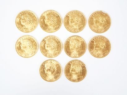Ensemble de dix pièces de 20 francs suisses...
