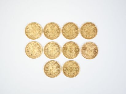 Ensemble de dix pièces de 20 francs suisses...