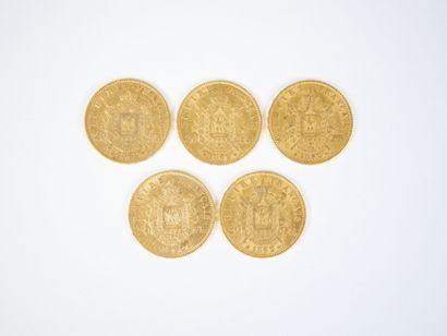 Ensemble de cinq pièces de 20 francs en or,...