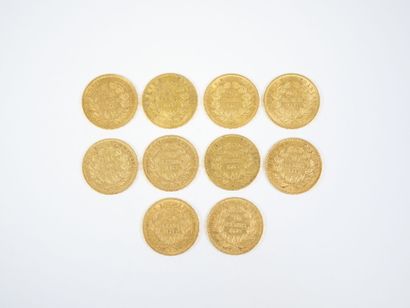Ensemble de dix pièces de 20 francs en or,...