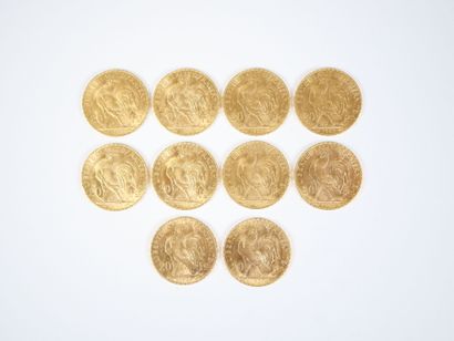 Ensemble de dix pièces de 20 francs en or,...