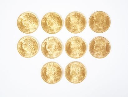 Ensemble de dix pièces de 20 francs suisses...
