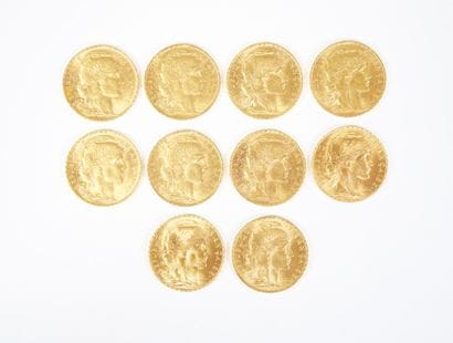 Ensemble de dix pièces de 20 francs en or,...