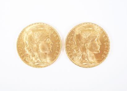 Deux pièces de 20 francs en or, Marianne,...