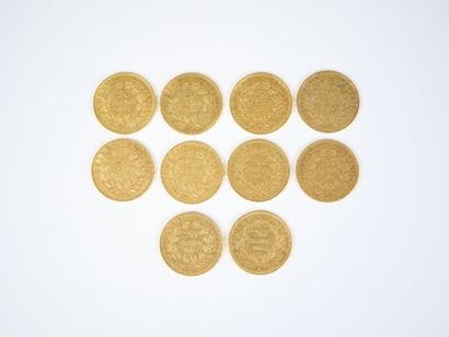 Ensemble de dix pièces de 20 francs en or,...