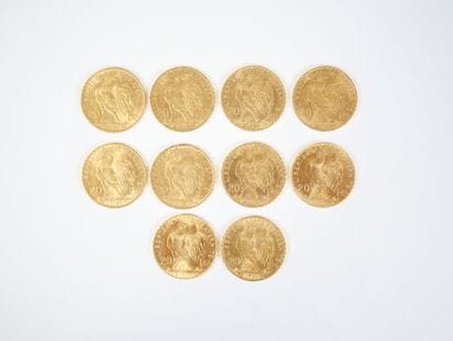 Ensemble de dix pièces de 20 francs en or,...