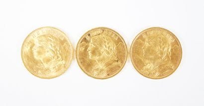 Ensemble de trois pièces de 20 francs suisses...