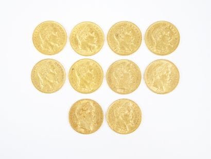 Ensemble de dix pièces de 20 francs en or,...