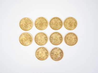 Ensemble de dix pièces de 20 francs suisses...