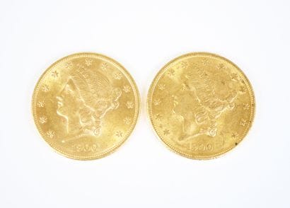Deux pièces de 20 dollars US en or, Liberty,...