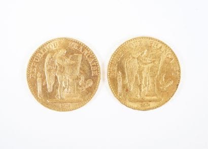 Deux pièces de 20 francs en or, Génie, 1875...