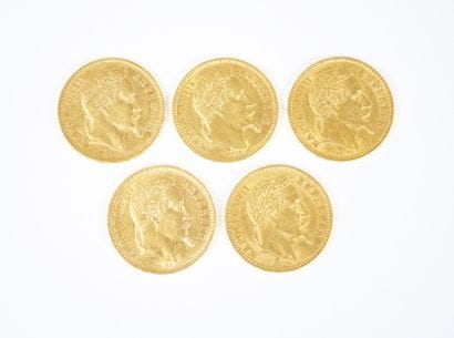 Ensemble de cinq pièces de 20 francs en or,...