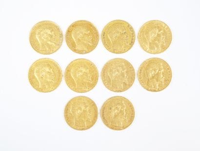 Ensemble de dix pièces de 20 francs en or,...