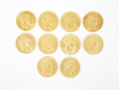 Ensemble de dix pièces de 20 francs en or,...