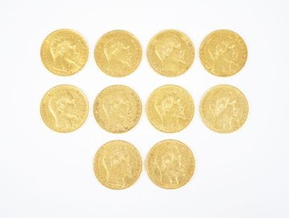 Ensemble de dix pièces de 20 francs en or,...