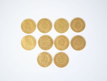 Ensemble de dix pièces de 20 francs en or,...