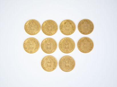 Ensemble de dix pièces de 20 francs en or,...
