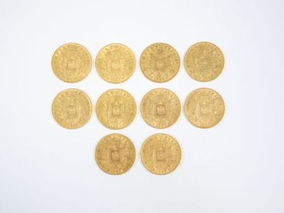 Ensemble de dix pièces de 20 francs en or,...