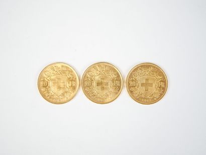 Ensemble de trois pièces de 20 francs suisses...