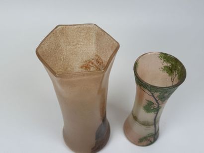 Deux vases en verre coloré à décor peint...