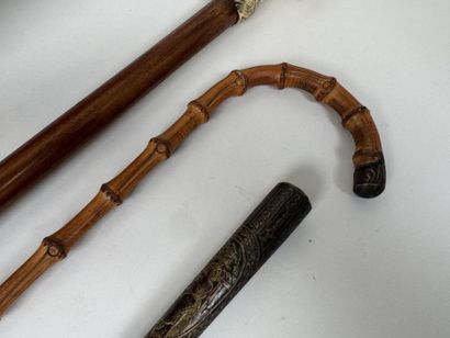 Deux cannes en bois, bambou et ivoirine sculptée...