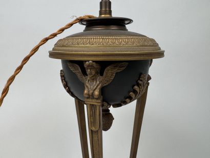 Pied de lampe en bronze doré, ciselé et patiné,...