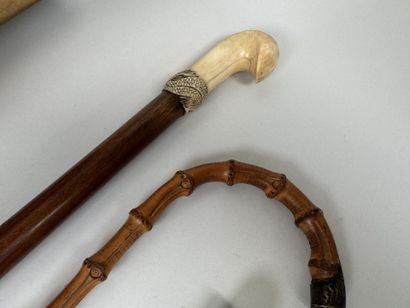 Deux cannes en bois, bambou et ivoirine sculptée...