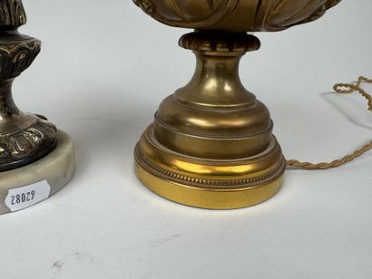 Deux pieds de lampe en bronze doré et argenté...