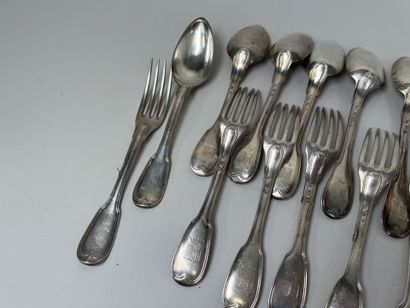 Set of 12 table spoons and 11 forks in 950/1000...
