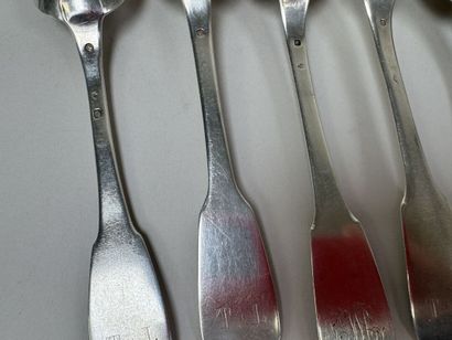 Set of 5 spoons and two forks in 950 silver,...