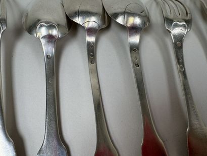 Set of 5 spoons and two forks in 950 silver,...