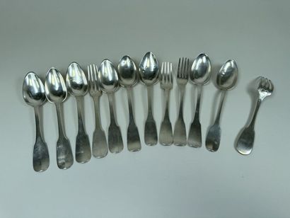 Set of 5 spoons and two forks in 950 silver,...