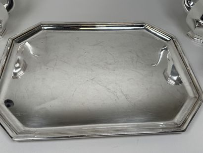 A silver plated coffee and tea set with beveled...