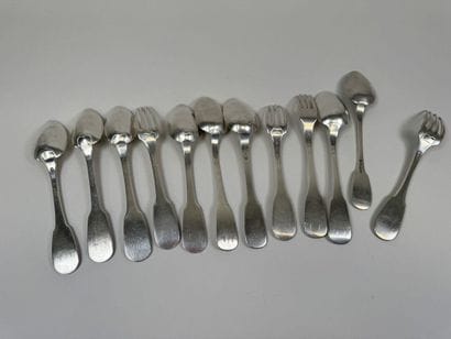 Set of 5 spoons and two forks in 950 silver,...