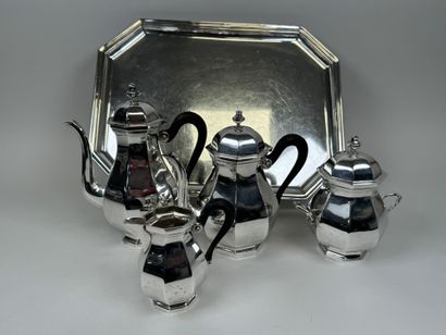 A silver plated coffee and tea set with beveled...