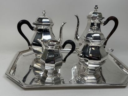 A silver plated coffee and tea set with beveled...
