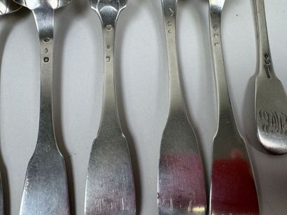 Set of 5 spoons and two forks in 950 silver,...