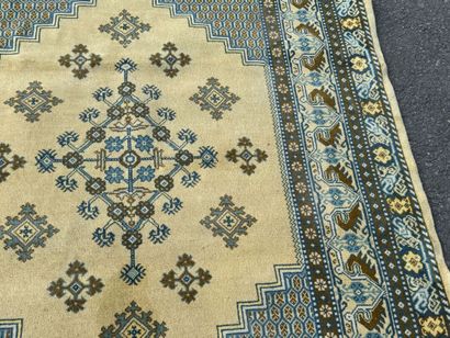 Hand-knotted wool rug featuring stylized...